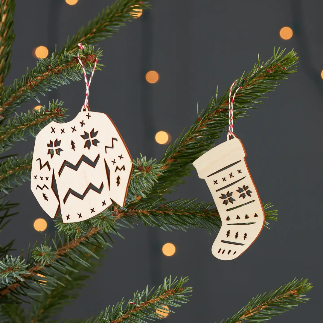 Sweater and Stocking wooden Christmas ornaments